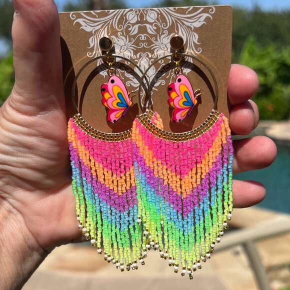 Handmade Beaded Long Tassel Fringe Dangle Drop Butterfly Post Hoop Earrings Wow! - Picture 7 of 8